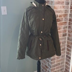 Olive with white faux fur lining winter jacket